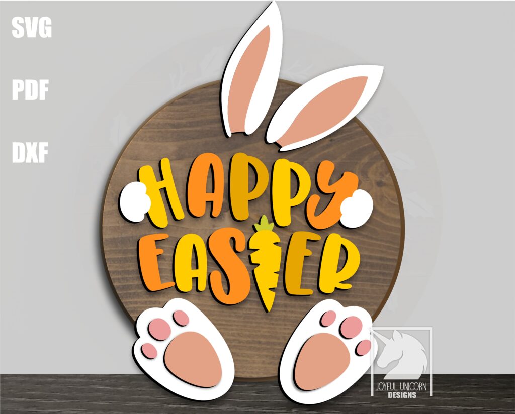 Happy Easter Door Hanger SVG, Easter Bunny Wood Round Sign, Glowforge ...