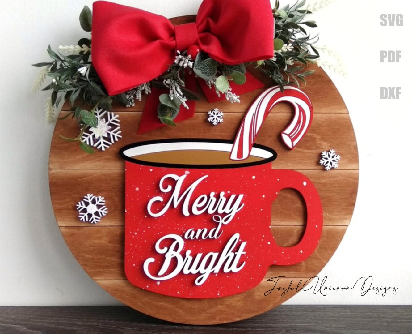 Hot Cocoa Mug Sign SVG Merry and Bright Christmas Sign SVG Christmas Door Hanger Laser Cut File for Glowforge XTool Winter Decor DXF