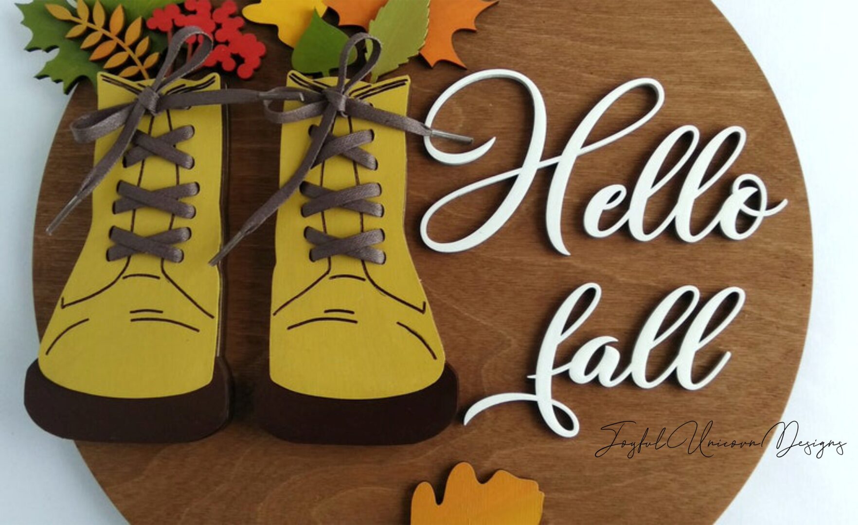 Hello Fall Boots Sign SVG Autumn Door Hanger with Leaves & Hiking Boots Rustic Fall Round Sign Digital Download File for Glowforge and CNC - Image 4