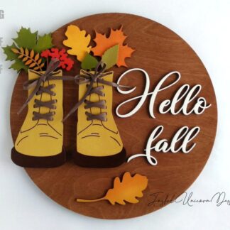 Hello Fall Boots Sign SVG Autumn Door Hanger with Leaves & Hiking Boots Rustic Fall Round Sign Digital Download File for Glowforge and CNC