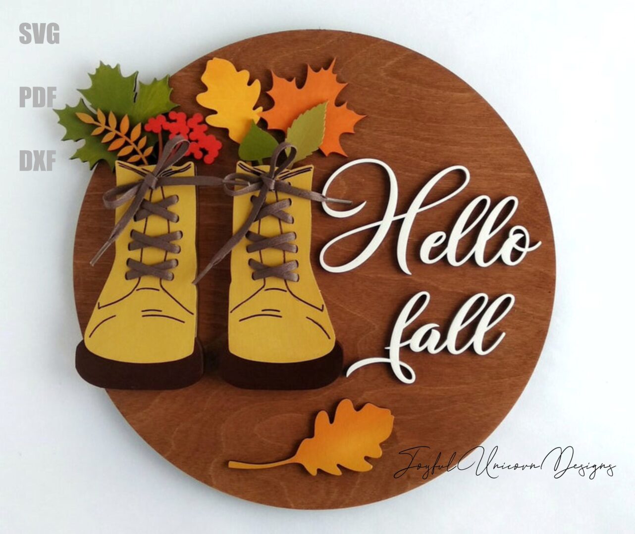 Hello Fall Boots Sign SVG Autumn Door Hanger with Leaves & Hiking Boots Rustic Fall Round Sign Digital Download File for Glowforge and CNC