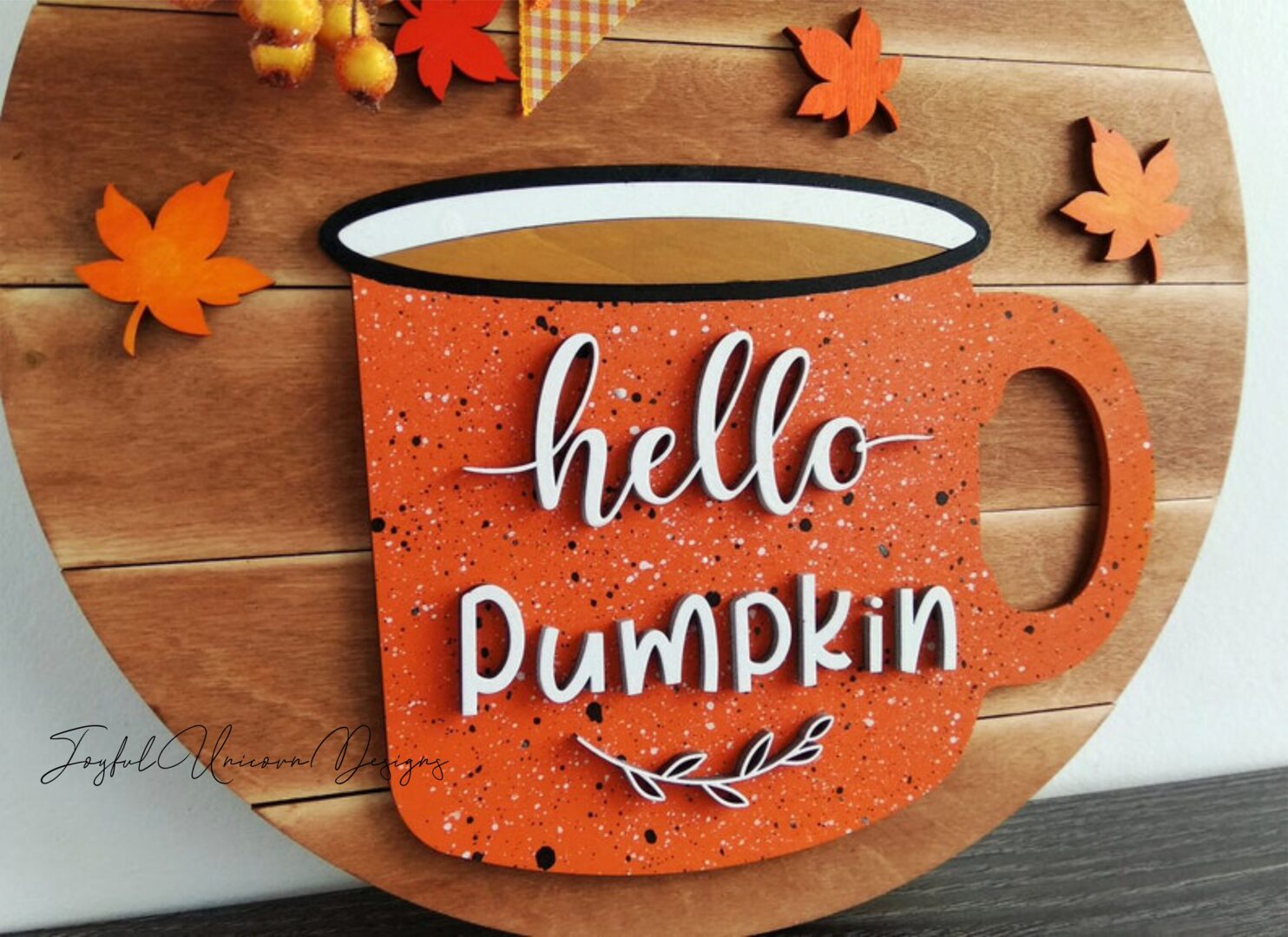Hello Pumpkin Round Sign SVG Pumpkin Mug Door Hanger SVG Fall Welcome Sign SVG Autumn Leaves Door Hanger Glowforge Cricut cnc Ready File - Image 2