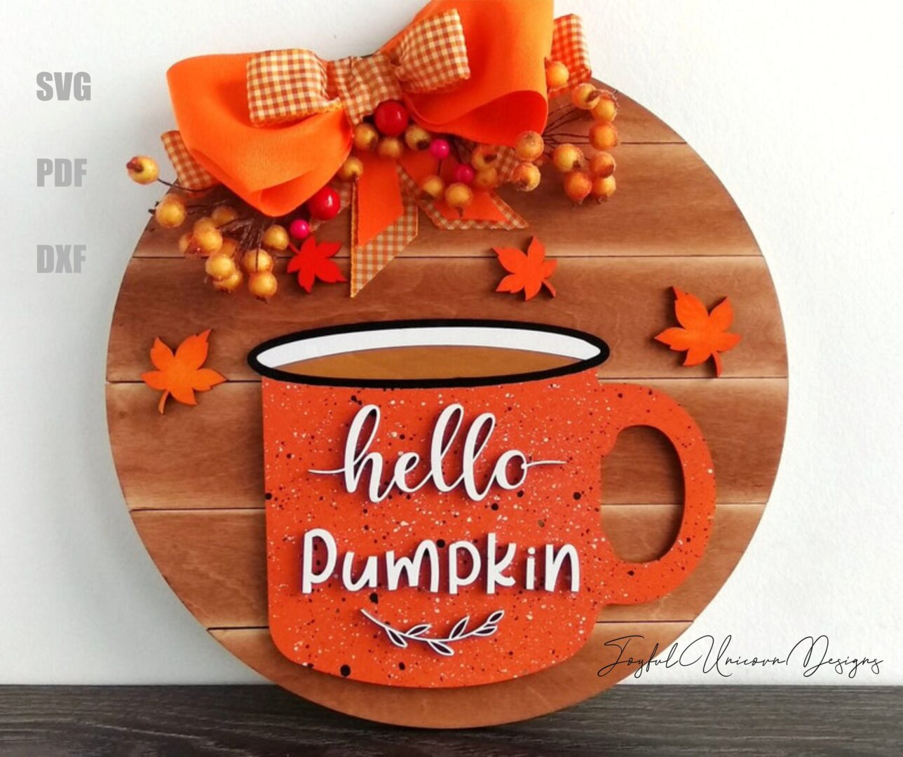 Hello Pumpkin Round Sign SVG Pumpkin Mug Door Hanger SVG Fall Welcome Sign SVG Autumn Leaves Door Hanger Glowforge Cricut cnc Ready File