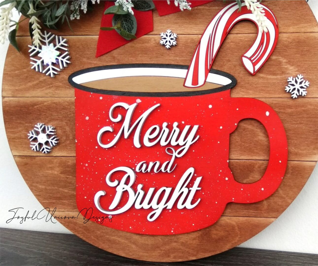 Hot Cocoa Mug Sign SVG Merry and Bright Christmas Sign SVG Christmas Door Hanger Laser Cut File for Glowforge XTool Winter Decor DXF - Image 2