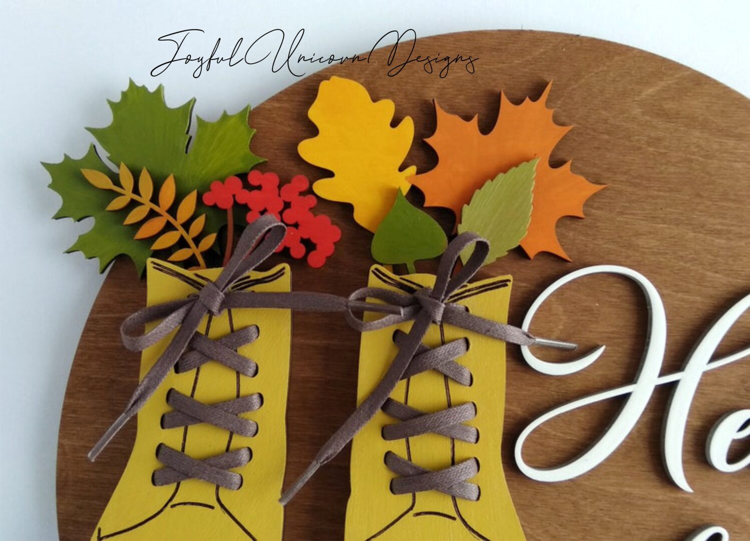 Hello Fall Boots Sign SVG Autumn Door Hanger with Leaves & Hiking Boots Rustic Fall Round Sign Digital Download File for Glowforge and CNC - Image 2