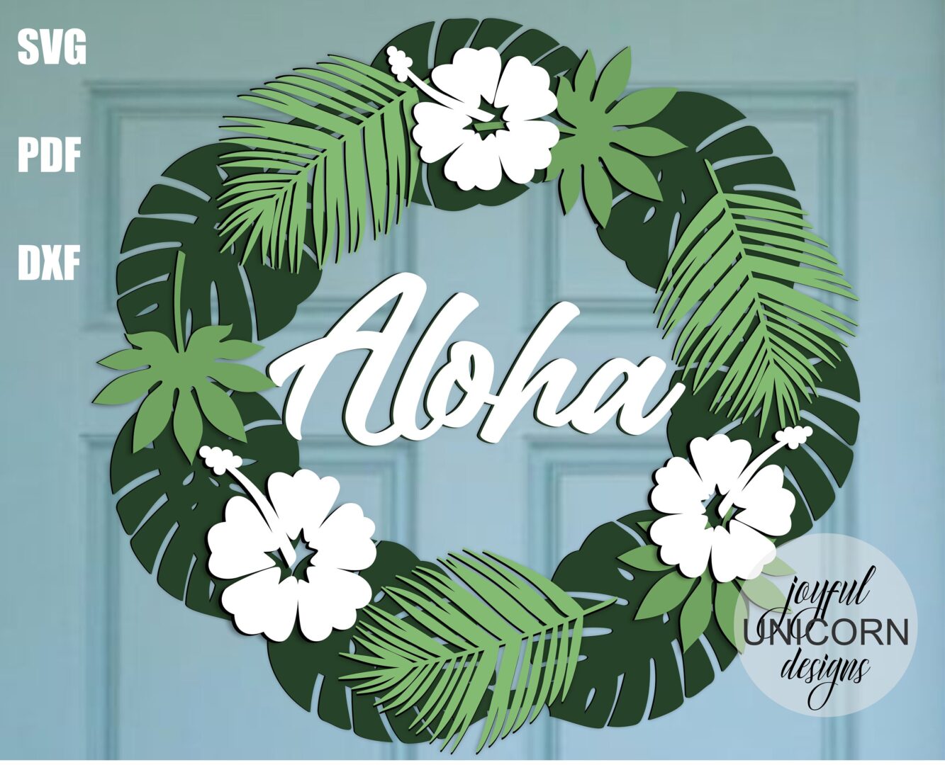 Aloha Welcome Sign SVG, Tropical Flower Wreath SVG, Hawaiian Door Hanger SVG, Summwer Welcome Sign, Laser cut File for Cricut and Glowforge - Image 2