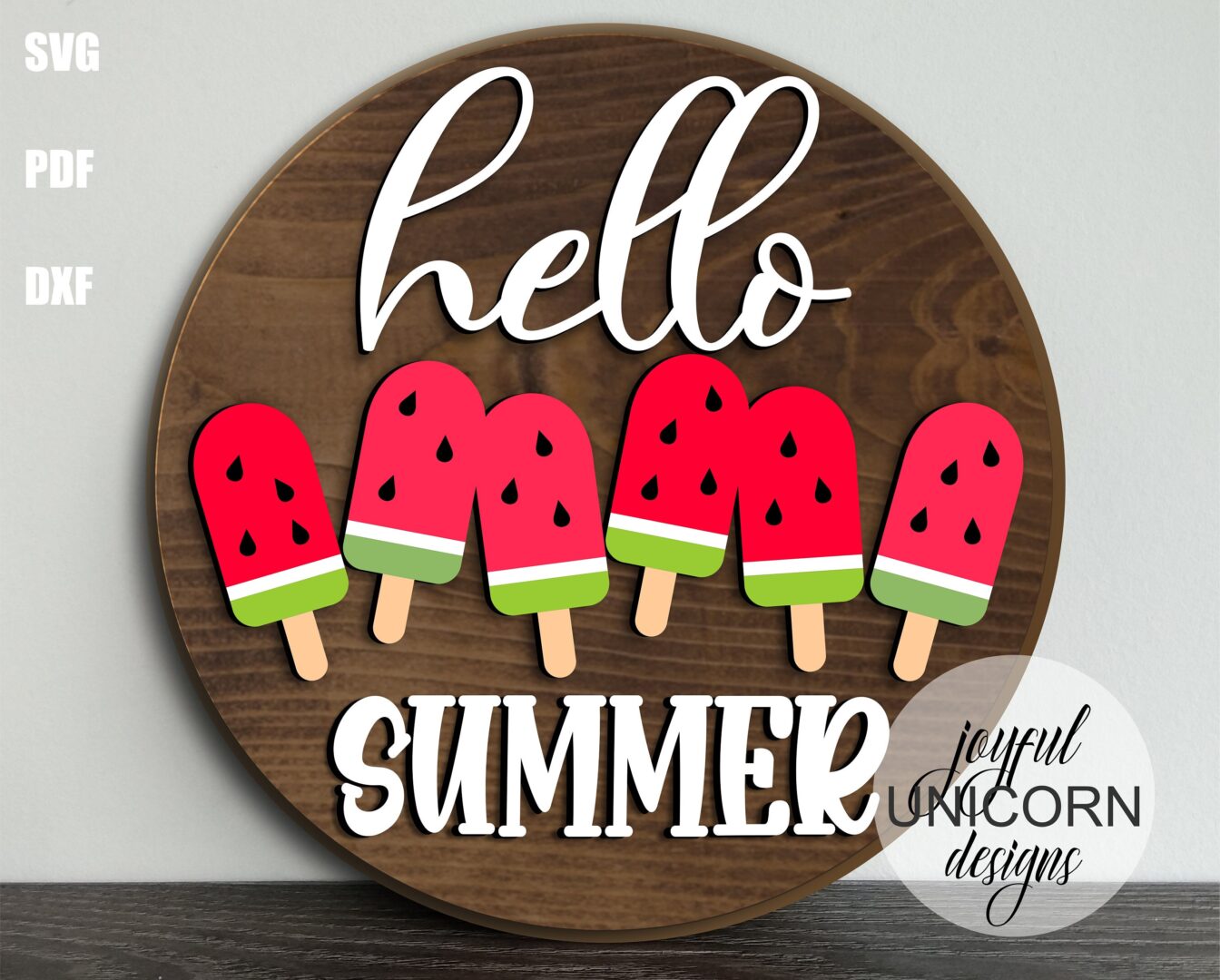 Hello Summer Round Sign SVG, Ice Cream Sign SVG, Summer Welcome Sign, Watermelon Wood Sign SVG, Glowforge and Cricut Ready File