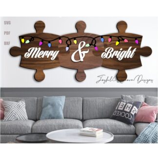 Merry and Bright Puzzle Sign SVG Christmas Light Garland Puzzle Cut File Layered Holiday Wall Decor Glowforge Xtool DXF PDF