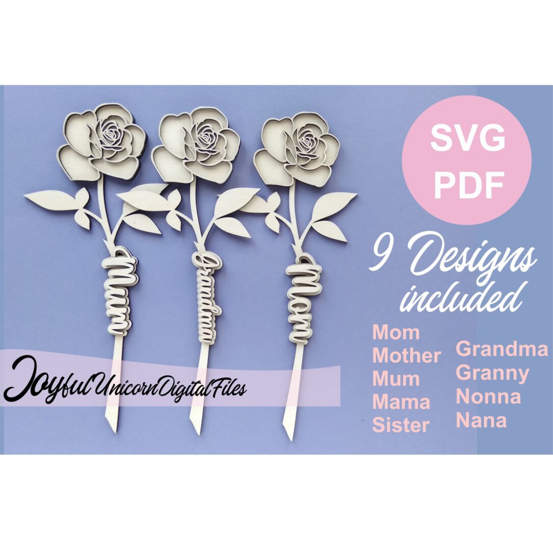Mothers Day Rose SVG, Laser Cut Flower SVG, Gift for Mom SVG, Valentines Day Roses svg Bundle, Long Stem Rose With Text, Layered Rose svg