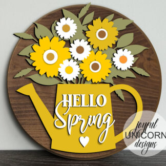 Hello Spring Door Hanger SVG, Floral Watering Can Sign SVG, Spring Welcome Sign, Glowforge and Cricut Ready File, Spring Door Decor SVG