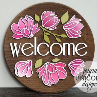 Magnolia Welcome Sign SVG, Floral Door Hanger SVG, Spring Wood Round Sign, Summer Front Door Decor, Glowforge and Cricut Ready File