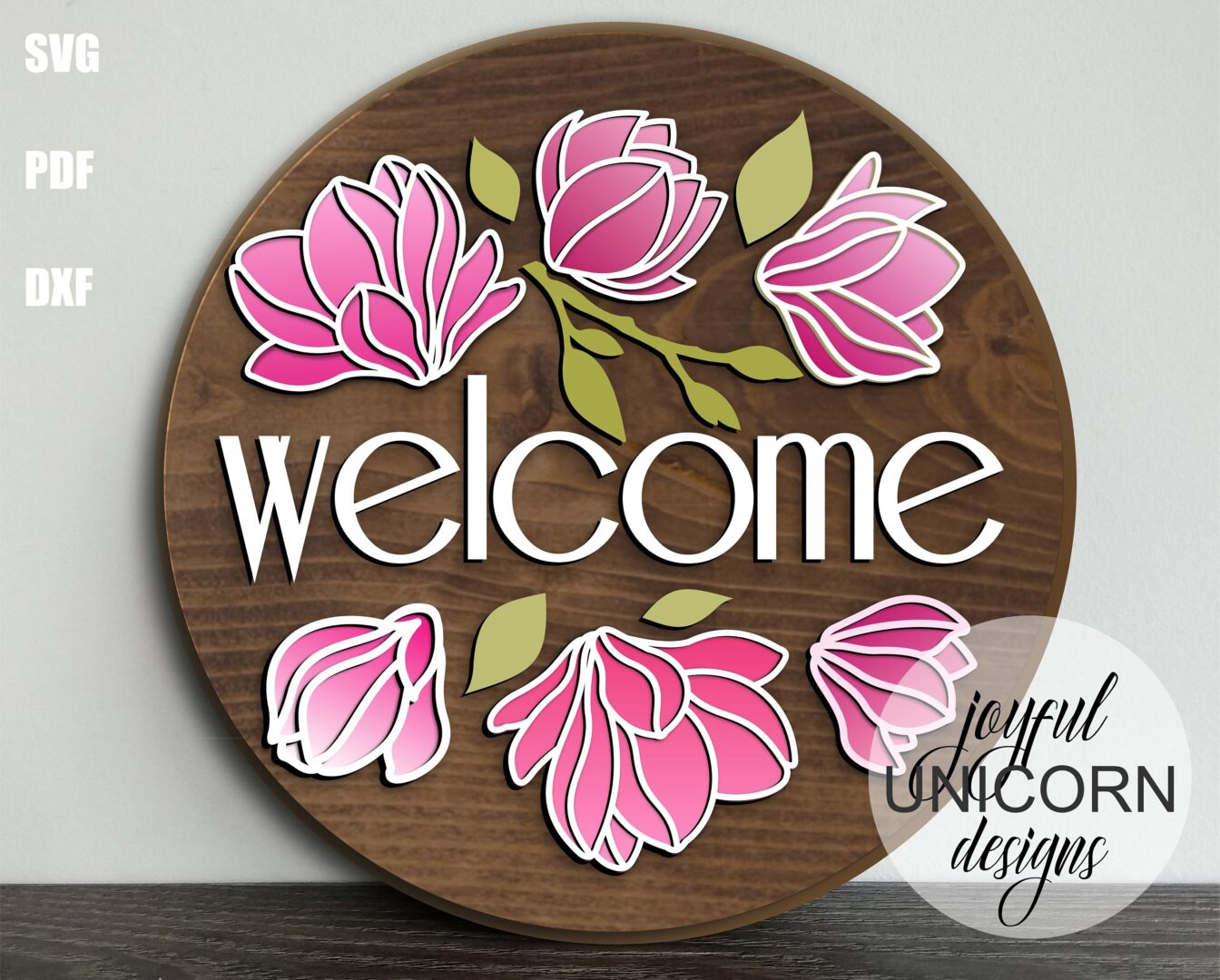 Magnolia Welcome Sign SVG, Floral Door Hanger SVG, Spring Wood Round Sign, Summer Front Door Decor, Glowforge and Cricut Ready File