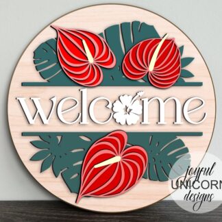 Tropical Flowers Welcome Sign SVG, Laser Cut File, Summer Door Hanger SVG, Glowforge and Cricut Ready File, Tropical Leaves Wood Round Sign