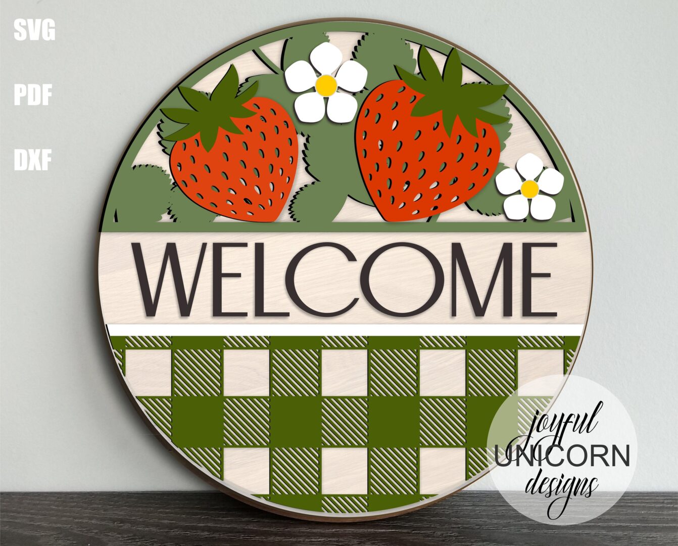 Strawberry Welcome Sign SVG, Summer Door Hanger SVG, Spring Wood Round Sign, Glowforge and Cricut Ready File, Laser Cut File