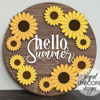 Hello Summer Door Hanger SVG, Sunflower Welcome Sign SVG, Floral Wood Round Sign, Glowforge and Cricut Ready File, Summer Front Door Decor