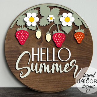 Hello Summer Wood Round Sign SVG, Strawberry Welcome Sign SVG, Summer Laser Cut File, Glowforge and Cricut Ready File, Front Door Decor
