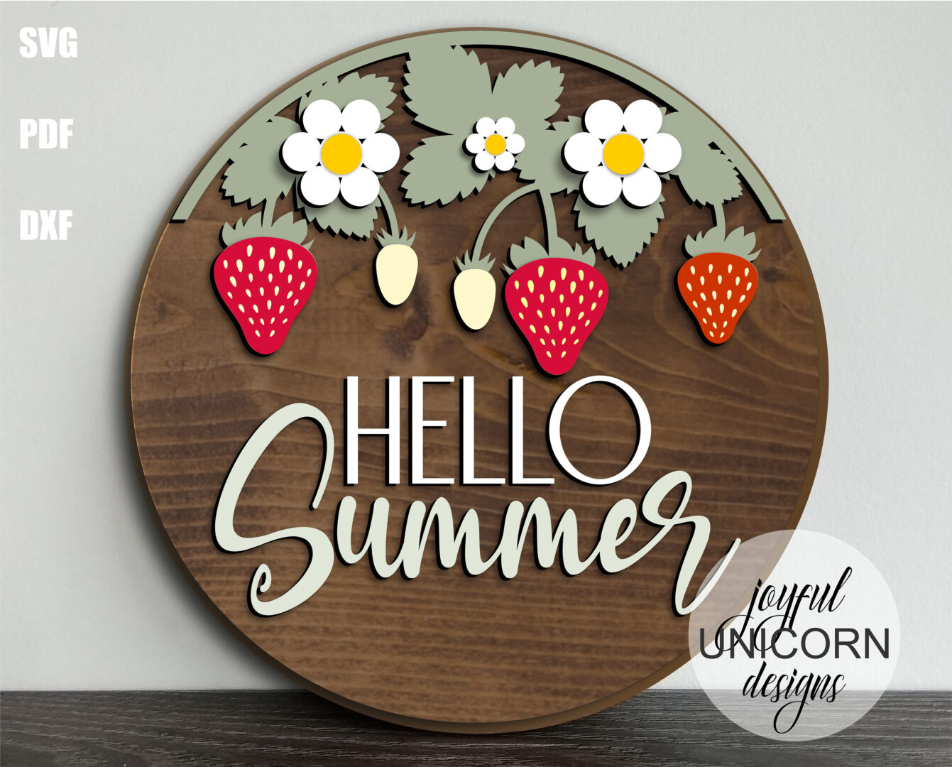 Hello Summer Wood Round Sign SVG, Strawberry Welcome Sign SVG, Summer Laser Cut File, Glowforge and Cricut Ready File, Front Door Decor