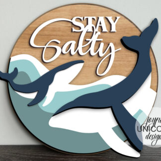 Stay Salty Wood Round Sign SVG, Whale Door Hanger SVG, Waves Laser Cut File, Glowforge and Cricut Ready File, Beach House Door Decor