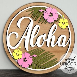 Aloha Door Hanger SVG, Tropical Leaf Welcome Sign SVG, Hawaii Wood Round Sign, Glowforge and Cricut Ready File, Summer Front Door Decor