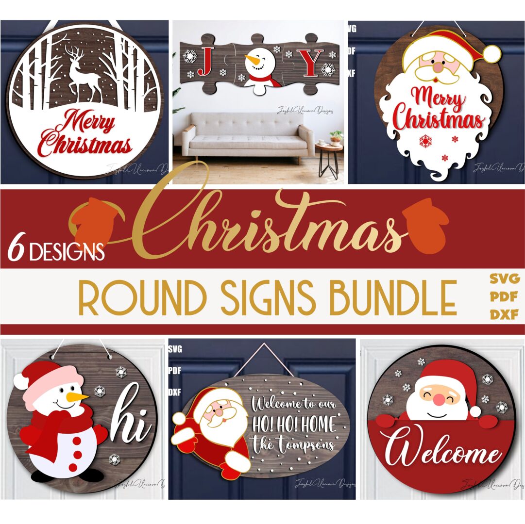 Christmas Wood Door Hangers SVG Bundle, Glowforge Ready file, Christmas Round Sign SVG, Laser cut files, Christmas Welcome Sign svg file