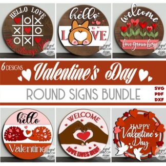 Valentine's Day Door Hangers Bundle SVG, Wood Round Signs, Glowforge and Cricut Ready Files, Romantic Welcome Signs SVG, Laser Cut Files