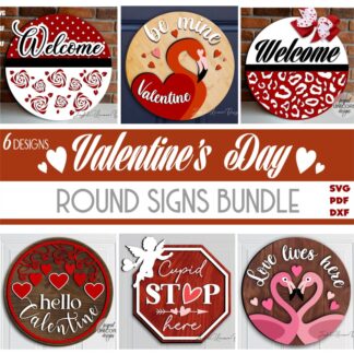 Valentine's Day Sign SVG Bundle, Welcome Door Hanger SVG, Wood Round Sign SVG, Glowforge svg Files, Laser Cut Files, Valentine Decor svg