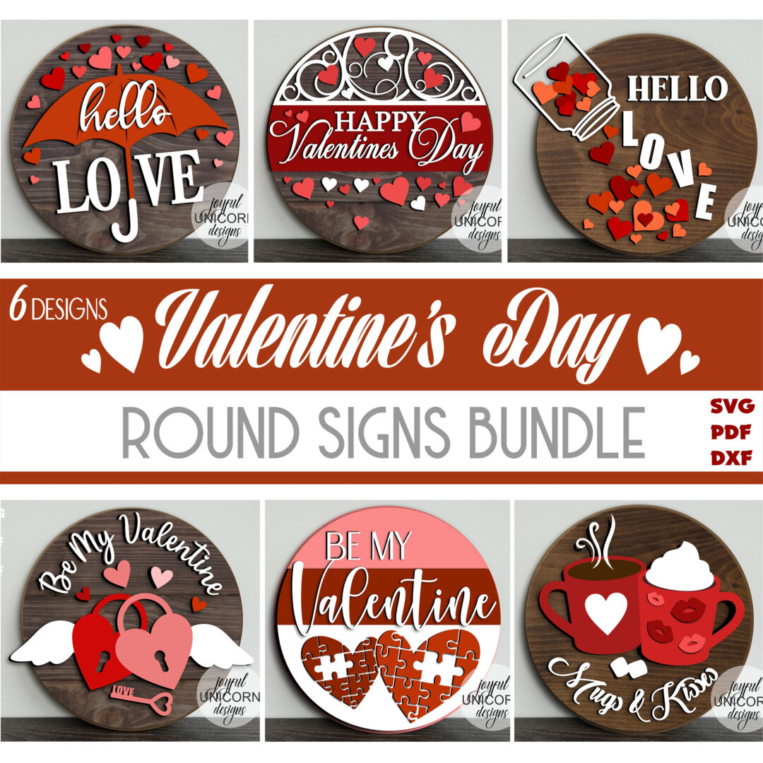 Valentine's Day Wood Rounds Bundle SVG, Valentines Day Door Hangers SVG, Glowforge and Cricut Ready Files, Romantic Welcome Signs