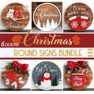 Christmas Round Signs SVG Bundle, Merry and Bright Sign, Snowman Sign, Mittens Sign, Laser Cut file, Ice Skates Sign, Front Door Decor SVG