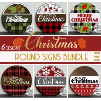Merry Christmas Round Signs SVG Bundle, Christmas Door Hangers, Christmas Welcome Signs, Glowforge and Cricut Ready Files, Front Door Decor