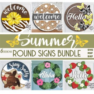 Summer Round Signs SVG Bundle, Summer Welcome Door Hangers, Beach Sign SVG, Daisy Sign SVG, Aloha Sign, Glowforge and Cricut Ready File