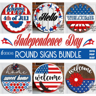 4th Of July Round Signs SVG Bundle, Memorial Day Door Hangers, Glowforge and Cricut Ready Files, Front Door Decor, Patriotic Welcome Signs
