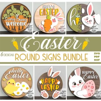 Easter Wood Round Signs SVG Bundle, Easter Door Hangers SVG, Glowforge and Cricut Ready File, Easter Bunny Front Door Decor, Laser Cut Files