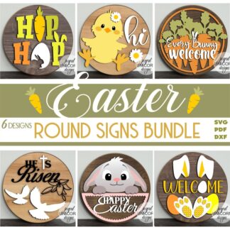 Easter Wood Round Signs SVG Bundle, Easter Door Hangers, Glowforge and Cricut Ready Files, Easter Front Door Decor, Easter Welcome Signs SVG