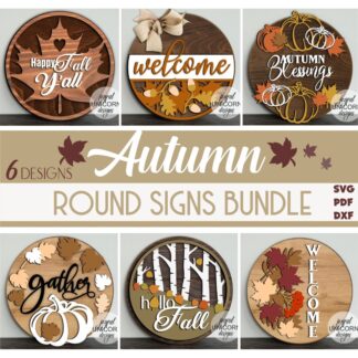 Autumn Welcome Signs SVG Bundle, Glowforge and Cricut Ready Files, Fall Wood Rounds SVG Bundle, Fall Front Door Signs, Laser Cut Files