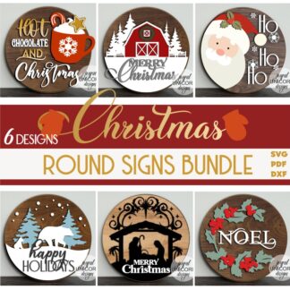 Christmas Wood Round Signs SVG Bundle, Winter Holidays Door Hangers SVG, Glowforge and Cricut Ready Files, Laser Cut Files, Front Door Signs