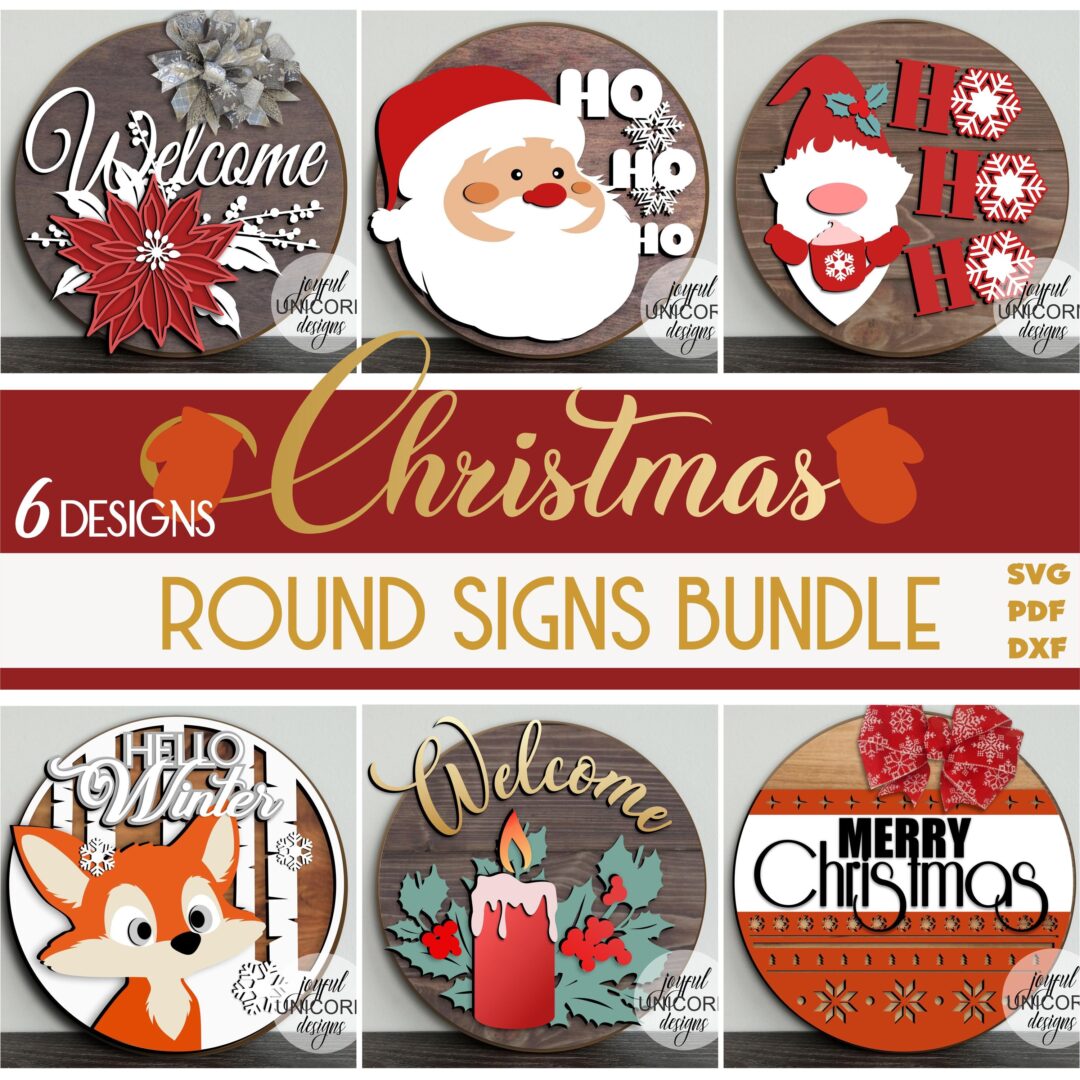 Christmas Wood Round SVG Bundle, Winter Holiday Door Hangers SVG, Glowforge and Cricut Ready Files, Front Door Signs SVG, Laser Cut Files