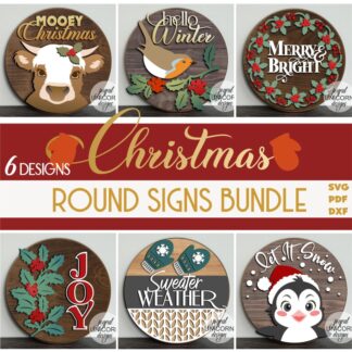 Christmas Wood Round Signs SVG Bundle, Winter Holiday Signs, Glowforge and Cricut Ready Files, Laser Cut Files, Christmas Welcome Signs SVG