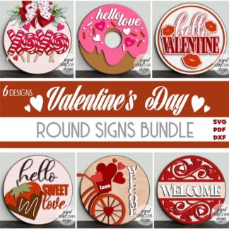 Valentine's Day Door Hangers SVG Bundle, Valentine Round Signs Bundle, Valentine Welcome Signs, Glowforge and Cricut Ready Files, Door Signs