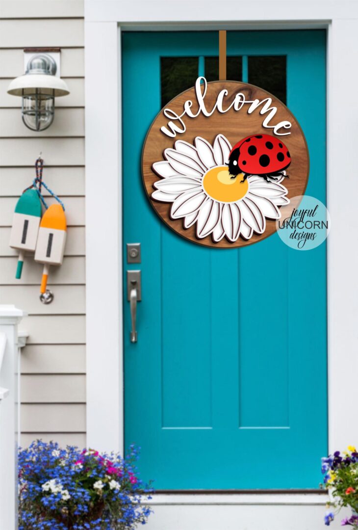 Daisy Welcome Sign SVG, Ladybug Door Hanger Svg, Spring Front door Decor, Glowforge and Cricut ready File, Summer Wood Round Sign SVG - Image 2