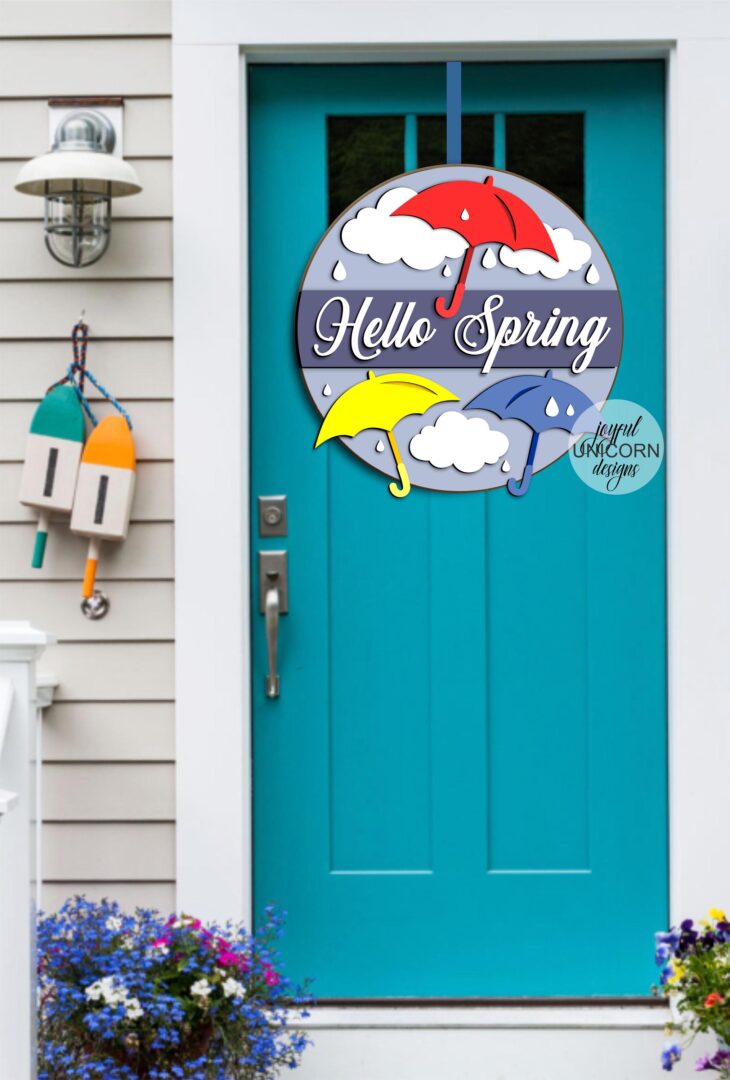 Hello Spring Round Sign SVG, Umbrella Door Hanger SVG, Spring Welcome Sign, Glowforge and Cricut Ready File, Laser Cut File, Front Door Sign - Image 2
