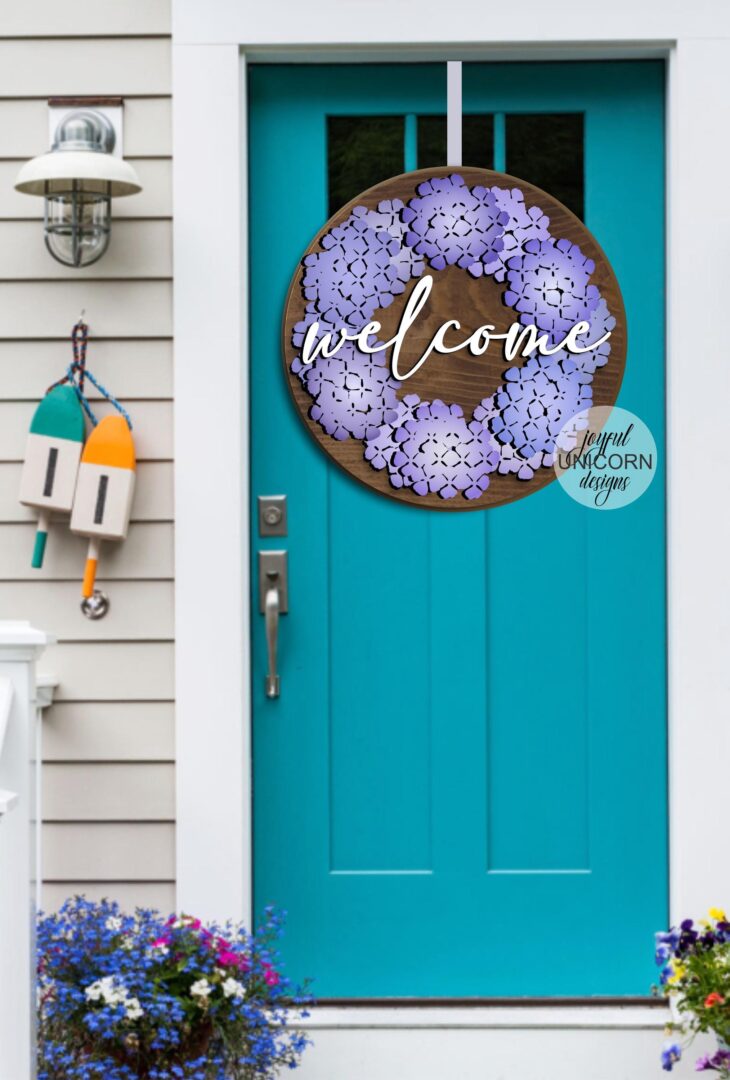 Hydrangea Welcome Sign SVG, Floral Door Wreath, Spring Round Sign SVG, Glowforge and Cricut Ready File, Laser Cut File - Image 2