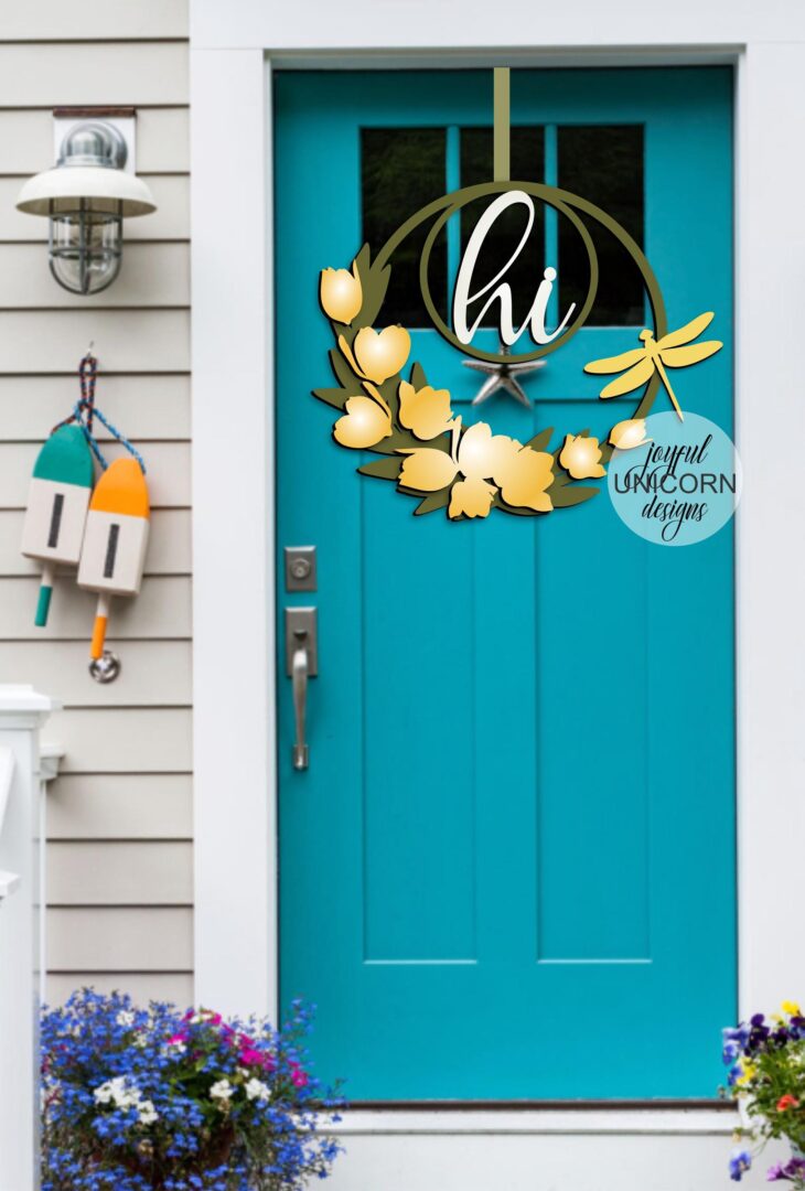 Spring Wreath Door Hanger SVG, Tulip Flower Welcome Sign, Spring Wreath with Dragonfly SVG, Glowforge and Cricut Ready File, Laser Cut File - Image 3