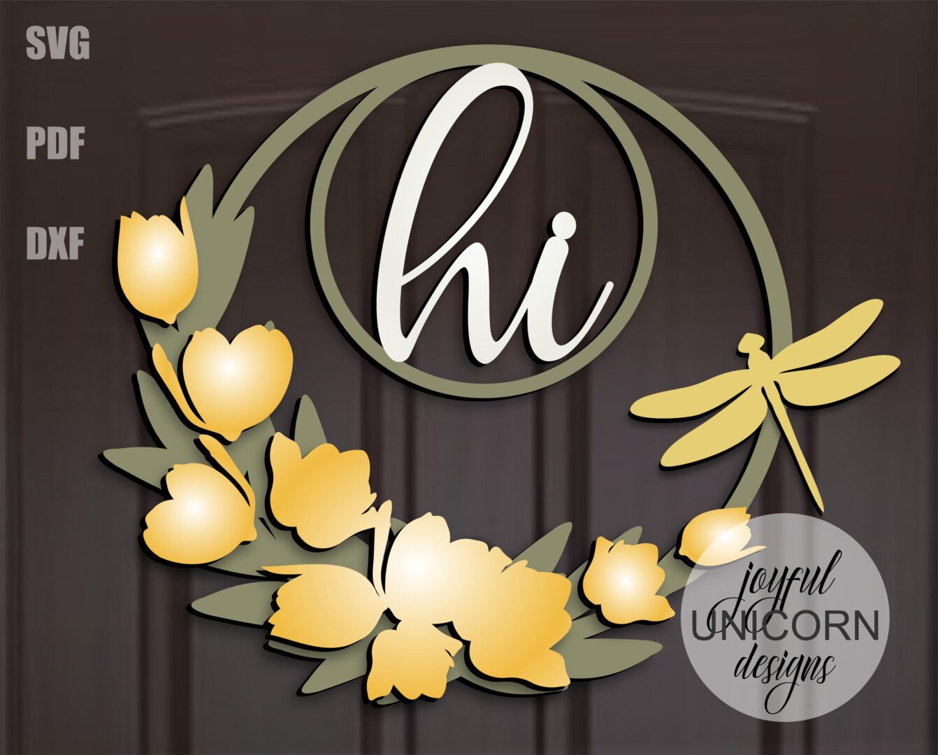 Spring Wreath Door Hanger SVG, Tulip Flower Welcome Sign, Spring Wreath with Dragonfly SVG, Glowforge and Cricut Ready File, Laser Cut File