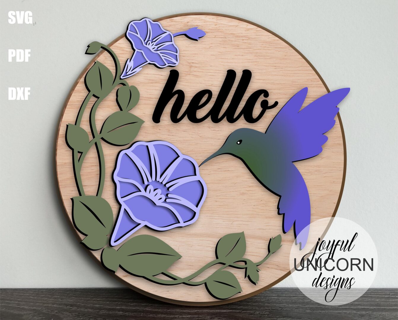 Spring Hummingbird Sign SVG, Hello Spring Door Sign, Glowforge and Cricut Ready files, Morning Glory Door Hanger SVG, CNC Cutting File