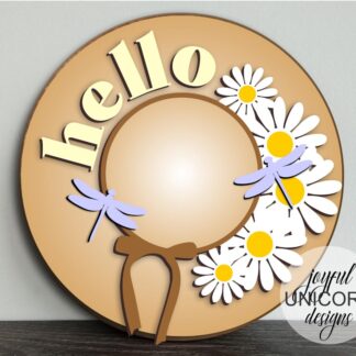 Straw Hat Door Hanger SVG, Spring Wood Round Sign, Daisy Welcome Sign, Glowforge and Cricut Ready Files, Dragonfly Summer Door Sign