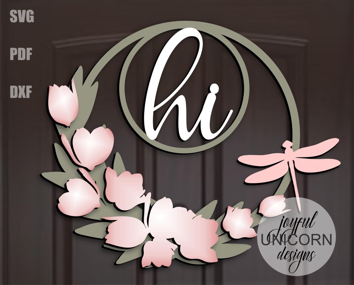 Spring Wreath Door Hanger SVG, Tulip Flower Welcome Sign, Spring Wreath with Dragonfly SVG, Glowforge and Cricut Ready File, Laser Cut File - Image 2