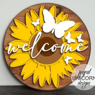 Sunflower Welcome Sign SVG, Summer Door Hanger SVG, Butterfly Wood Round Sign, Glowforge and Cricut Ready Files, Sunflower Front Door Sign