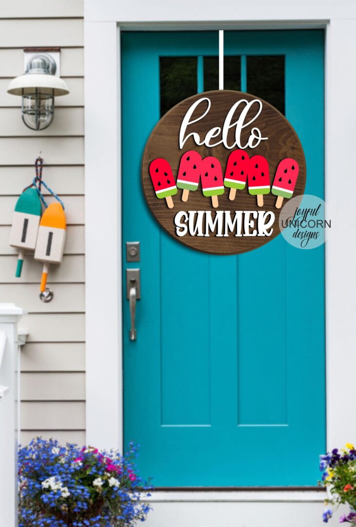 Hello Summer Round Sign SVG, Ice Cream Sign SVG, Summer Welcome Sign, Watermelon Wood Sign SVG, Glowforge and Cricut Ready File - Image 2