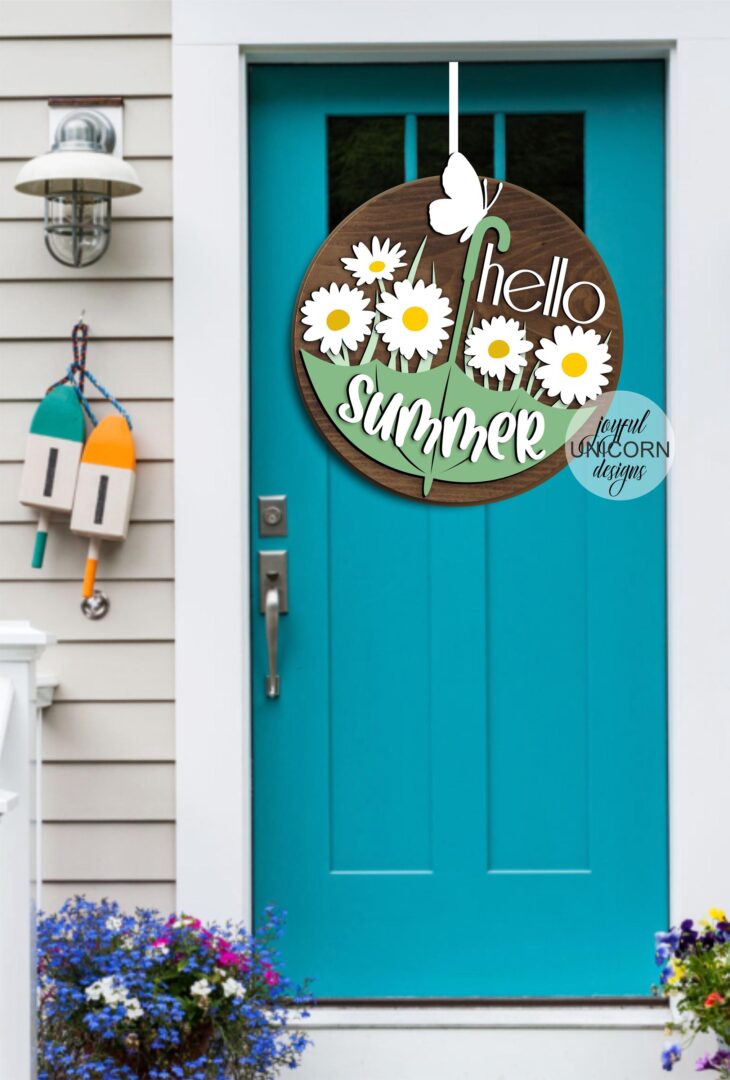 Hello Summer Round Sign SVG, Daisy Door Hanger SVG, Floral Door Hanger, Glowforge Ready File, CNC File, Cricut svg File, Front door Decor - Image 2