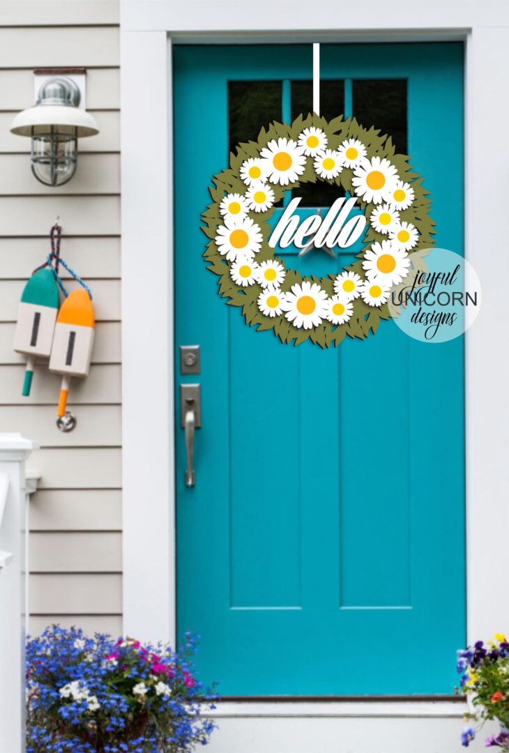 Daisy Welcome Wreath SVG, Summer Door Hanger SVG, Spring Door Wreath SVG, Floral Round Sign, Glowforge and Cricut Ready File, Laser Cut File - Image 2
